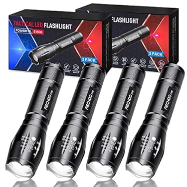 AMAZON - RECHOO Tactical Flashlights 4 Pack, Bright Zoomable LED Flashlights with High Lumens and 5 Modes, Waterproof Portable Pocket Flash Light for Emergency, Camping, and Outdoor Use – S1500