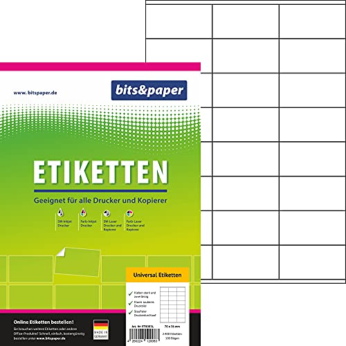 bits&paper ET8003L Universal-Etiketten (70 x 36 mm, 2400 Etiketten, Papier matt, A4) 100 Blatt weiße Etiketten Cover