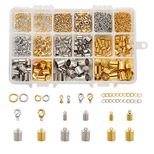 Pandahall 1 Box Jewelry Making Supplies with Brass Cord Ends Open Jump Rings Lobster Claw Clasps and Alloy Extender Chain Drop Charm (Golden and Platinum)