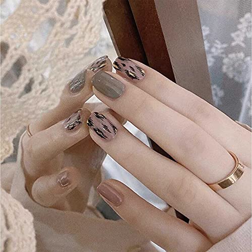 Yheakne Uñas postizas de leopardo a presión, uñas postizas de bailarina, uñas cortas con clip de moda, uñas acrílicas de cobertura completa, uñas postizas para mujeres y niñas, 24 piezas (brillante) Cover