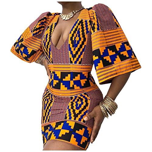 Image of Women Boho African Floral Print Pleated Short Midi Dress Multi-Way Dress for Casual Rave Club Party