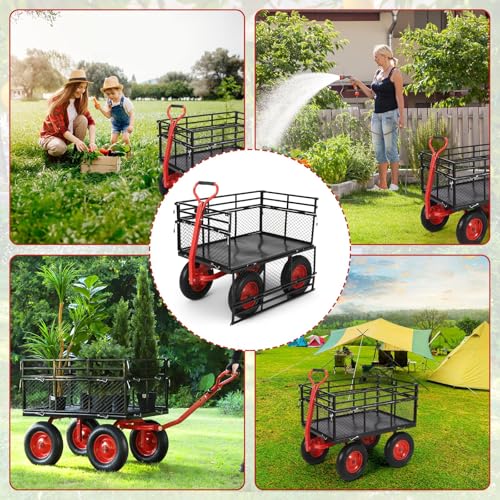 GarveeHome 1400Lbs Heavy Duty Steel Garden Cart, Garden Wagon Cart on Wheels, Metal Yard Utility Wagon with Removable Mesh Sides, 2-in-1 180&deg; Rotating Handle and 16 Inch Wheels for Garden, Farm, Yard
