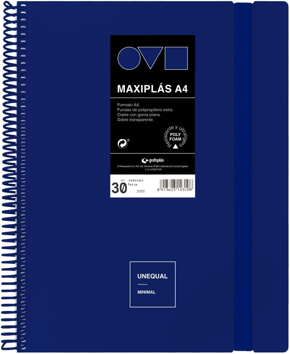 Grafoplas | A4 Plastic Sleeve Folders | 30 Transparent Linings | Rigid Polyfoam Covers | Durable and Ultralight | Blue | PVC Spiral | Minimal Uniqual | Perfect for Documents