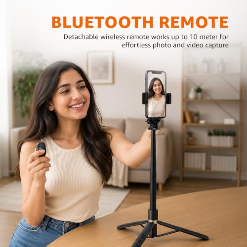 Image of Amazon Basics 61 inch Long Selfie Stick Tripod with Bluetooth Remote, Aluminium, 360 Rotatable Phone Holder, 1 /4 inch Screw for Camera & Ring Light, for Vlogging, Live Streaming & Travel