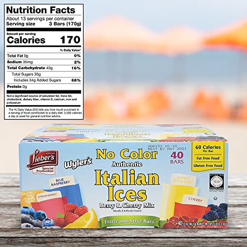Lieber's Italian Ice Freeze Pops - Berry & Cherry Mix Ice Pops - Gluten-Free And Fat-Free Freeze Pops - 40 Bars Freeze Pops Bulk For Kids And Adults - No Color Freeze And Serve Italian Ices #TOP6
