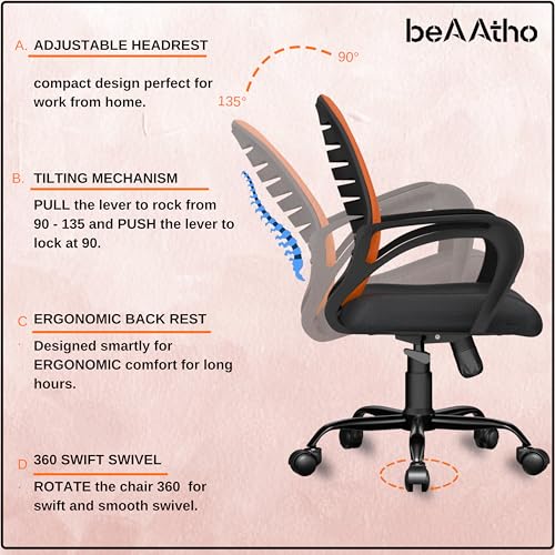 Image of beAAtho Verona Mesh Mid Back Ergonomic Home Office Chair with 3-Years Limited Warranty, Tilting & Height Adjustable Mechanism, Heavy Duty Metal Base Ideal for Office Work & Study (Red)
