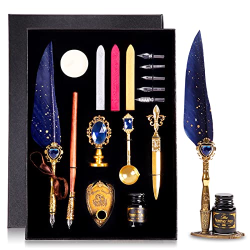 Anmmy Feather Pen Dip Pen And Ink Set,Royal Sapphire Design Elements, Antique Glittering Quill Pen Set Gift Box, Pens For Journaling Writting, Pen Sets For Adults And Kids Gift #TOP23