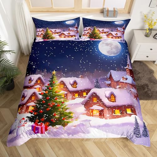 Merry Christmas Duvet Cover Cute Snowman Bedding Set Santa Claus and Reindeer Comforter Cover for Boys Girls Kids Room Decor Snowy Night Bedspread Cover Twin Size with 1 Pillow Case(No Comforter)