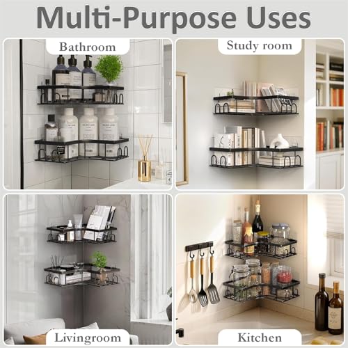 Image of JD FRESH Multipurpose Bathroom Organizer Shelf Rack Corner Without Drill /Self Adhesive Accessories Holder for Kitchen /Wall Mounted Organizer for Bathroom Space Saving Shelf Corner (Black, Pack of 4)