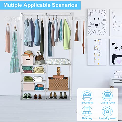 Kocaso Garment Shoes Rack Simple Closet Metal Shelf Clothing Organizer With 4 Hooks And Lower Storage Space, White #TOP5