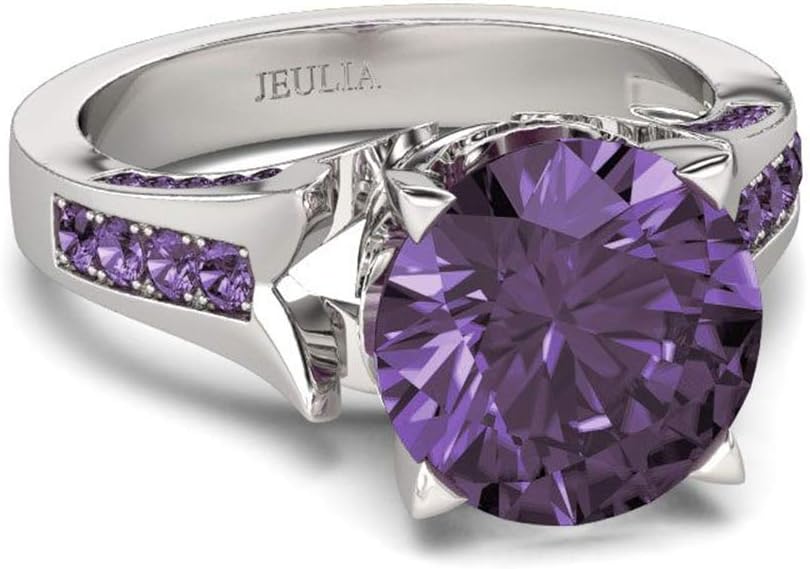 Jeulia Lilac Flower Round Cut Sterling Silver Ring Cubic Zirconia CZ Engagement Anniversary Eternity Promise Wedding Band Ring for Wife Girlfriend With Jewelry Box