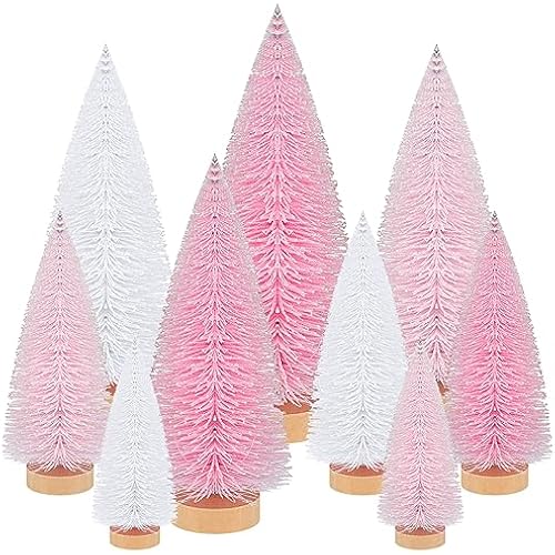 Leyndo 9 Pcs Pink Classic Artificial Mini Christmas Tree with Wood Base