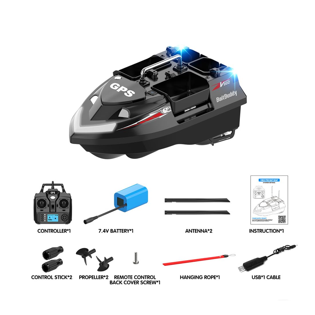 Barco de pesca con cebo, V802PRO, lancha rápida RC de alta eficiencia con 4 tolvas para cebo, capacidad de 3 kg, posicionamiento GPS, 160 puntos de cebo, control remoto de 500 m, batería dual, luces