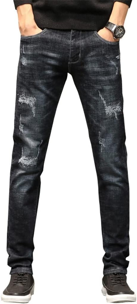 Ripped Jeans for Men Autumn and Winter Slim Straight Black Stretch Casual Pants Hip Hop Distressed Patched