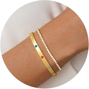 Bracelet for Women - Dainty Stack Bracelets Trendy Adjustable 14K Gold Plated Thin Paperclip Bead Box Satellite Figaro Cuban Link Chain Bracelet Set for Women Waterproof Jewelry Gift