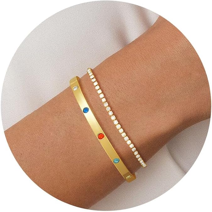 Bracelet for Women - Dainty Stack Bracelets Trendy Adjustable 14K Gold Plated Thin Paperclip Bead Box Satellite Figaro Cuban Link Chain Bracelet Set for Women Waterproof Jewelry Gift
