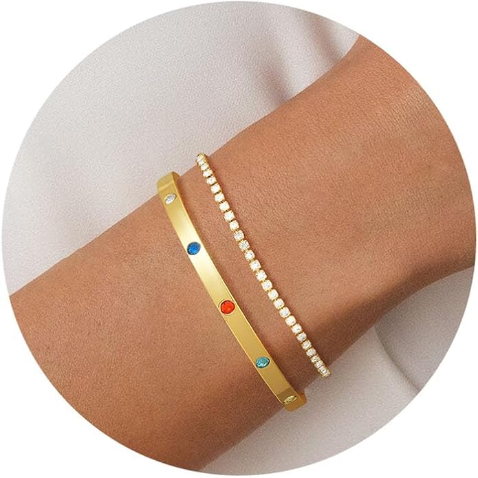 Bracelet for Women - Dainty Stack Bracelets Trendy Adjustable 14K Gold Plated Thin Paperclip Bead Box Satellite Figaro Cuban Link Chain Bracelet Set for Women Waterproof Jewelry Gift