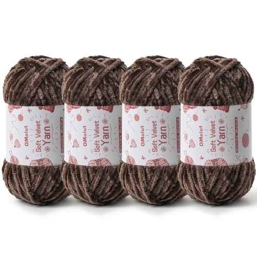 Image of 4x100g Fluffy Velvet Chenille Yarn for Crocheting and Knitting, 4x80m (87.5yd) Baby Yarn for Crocheting Soft, Crochet Chunky Yarns Amigurumi Yarns (4 Coffee)