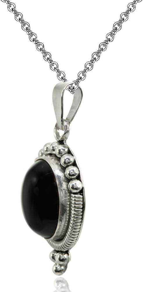 Sterling Silver Simulated Onyx Oval Oxidized Bali Bead Pendant Necklace - Image 2