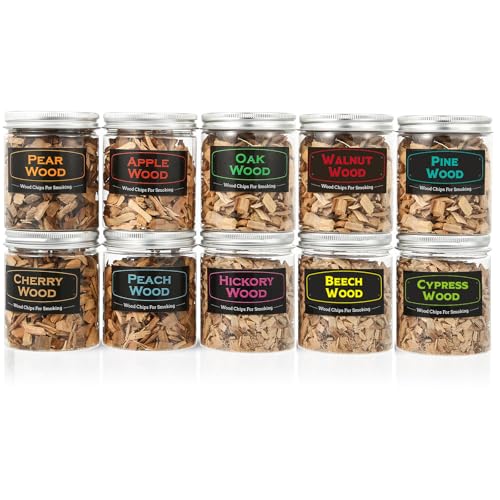 DGYJJZ Natural Wood Chips for Smoker Grill and Smoking Gun, Oak, Pecan, Apple, Pear, Cherry and Peach About 80g Each, Smoker Woodchips for BBQ Smoking Beef Pork Chicken Fish and Whisk (10Pack)