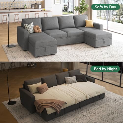 Image of HONBAY Modular Sectional Sleeper Sofa Bed, Sectional Couch with Pull Out Bed U Shaped Modular Couch with Storage Ottoman for Living Room, Dark Grey