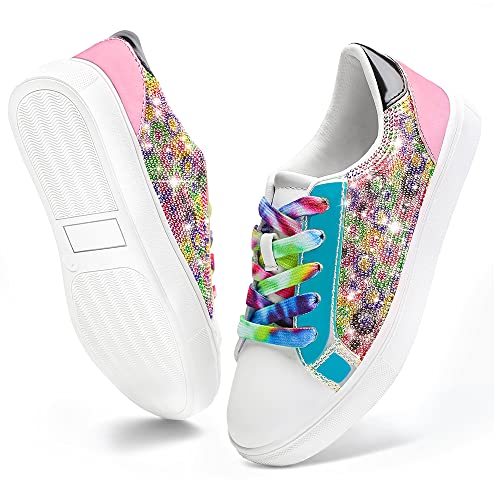festooning Girls Sneakers Sparkle Glitter Low Top Sneakers for Little/Big Kids PU Leather Fashion Casual Sneaker Shoes with Colorful Shoelace