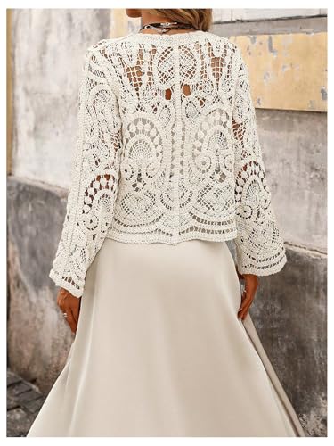 GORGLITTER Women's Boho Cardigan Crochet Lightweight Sheer Long Sleeve Button Up Fall Trendy 2025 Kimono Top3