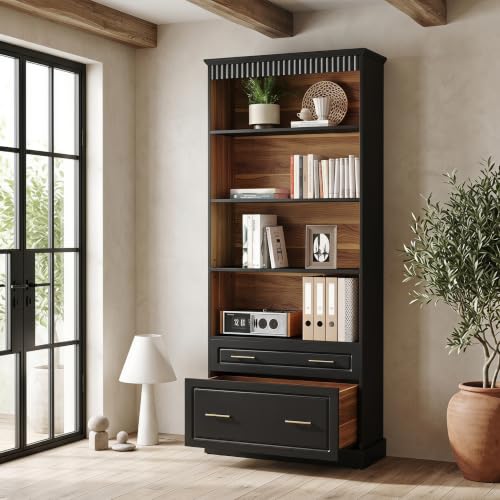 LITTLE TREE 72 Tall Black Bookcase with 2 Drawers 5-Tier Bookshelf with File Cabinet Storage Modern Freestanding Office Storage Bookcase for Living Room Bedroom Home Office