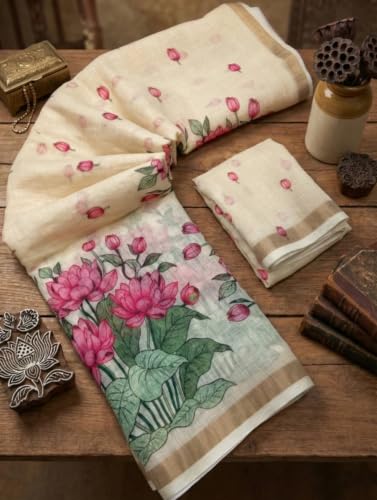 Image of Women's Linen Cotton Blend Saree Multicolor Ikat Brush Print Scalloped Border with Floral Print Unstitched Blouse Piece