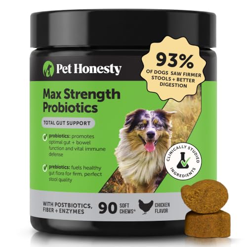 Image of Max Strength Probiotics for Dogs Digestive Enzymes - Advanced Gut Health Supplement for Occasional Diarrhea, Gas + Sensitive Stomach - Prebiotics Postbiotics Fiber for Firm Stools (Chicken, 90 Ct)