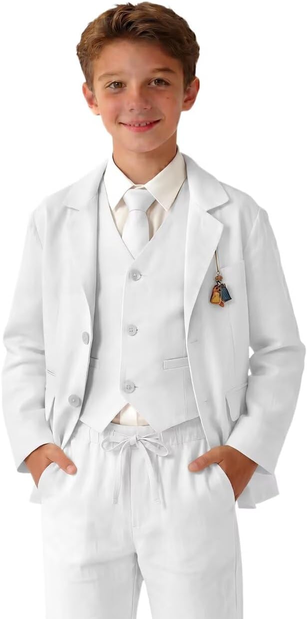 Retro Linen Boys Suit Slim Fit 5 Piece Sets Kids Wedding Outfit Linen Suits Casual Drawstring Tuxedo Set for Boy