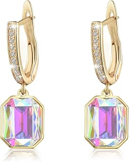 Austrian Crystal Octagon Leverback Drop Earrings for Women 14K Gold Plated Hypoallergenic Jewelry
