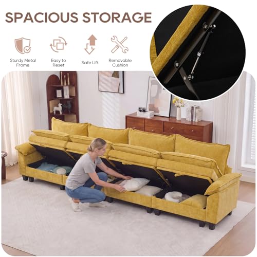 Image of IPKIG 151 inch Modular Cloud Couch with Storage, U Shaped Sectional Sofa with Ottoman & Pillow, Chenille Deep Seat Sectional Couches for Living Room, Apartment, Yellow