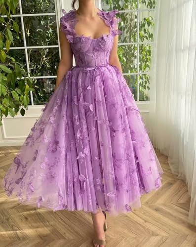 Tulle 3D Butterfly Dress Prom Dresses for Women Spaghetti Straps Sweetheart Formal Evening Party Gowns Tea Length2