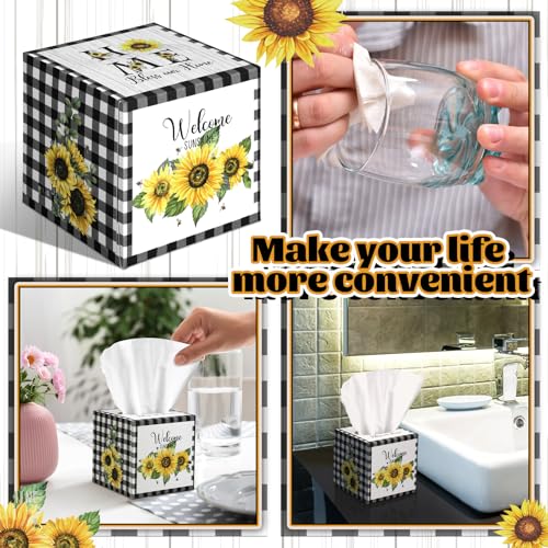 Image of Fourluoo 12 Pack Summer Sunflower Plaid Tissue Cube Boxes 600 Sheets 3 Ply | Black and White Buffalo Plaid Sunflower Design Face Tissues Bulk for Car Bedroom Office, Disposable Supply, Cube Holders