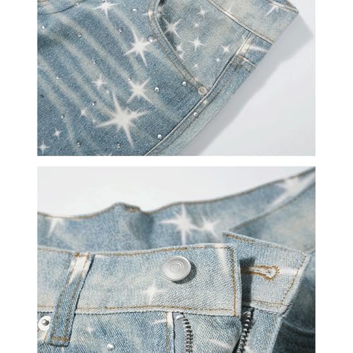 Rhinestone Jeans Men Baggy Y2K Star Print Bedazzled Denim Pants Wide Leg Streetwear Bling Bottoms Glitter Washed 2000s4