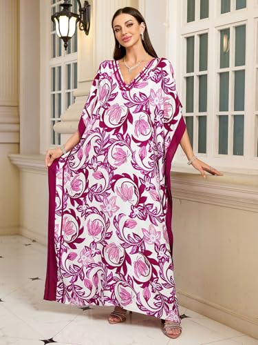 Image of KECVOT Kaftan Dresses for Women V-Neck Print Swimsuit Cover Up Plus Size Beach Caftan Lounge Dress