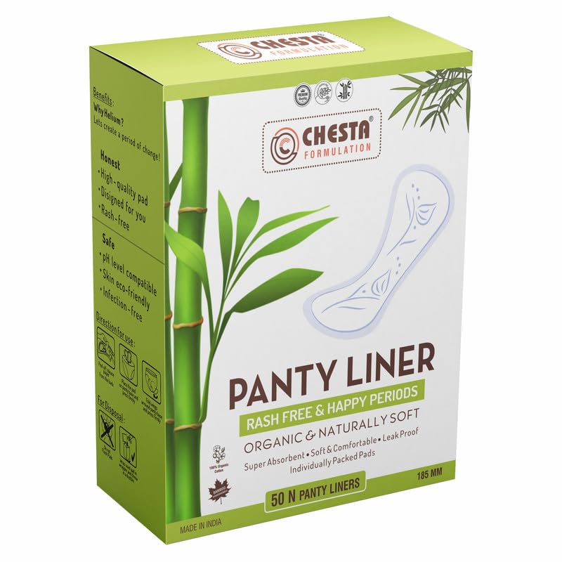 Chesta Formulation Panty Liners For Women 100% Cotton Organic And Soft Curvy Design For Best Comfort With LeakProof And Ultra Soakage Size-180mm [1 Box- Pack Of 50]