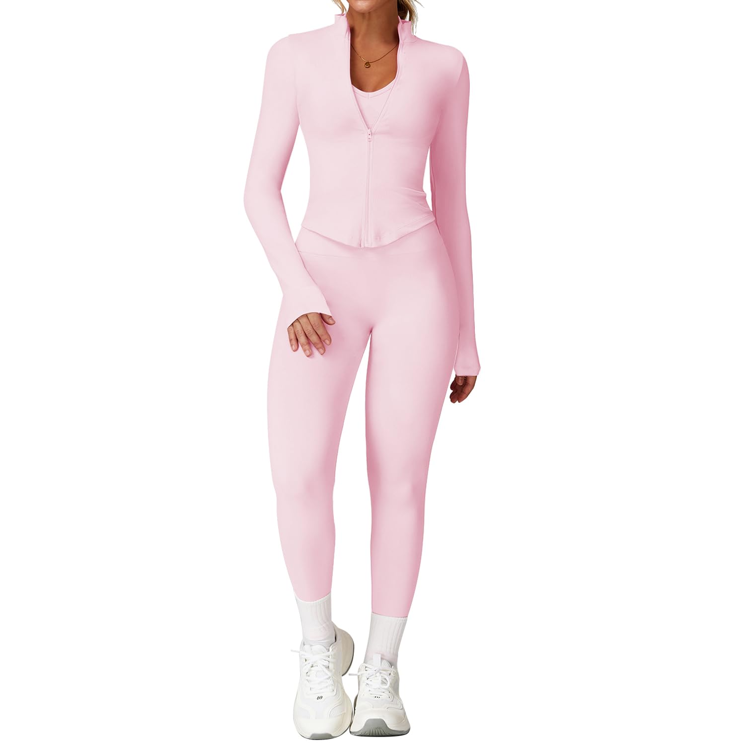 Set da palestra da donna, 2 pezzi, a maniche lunghe, con cerniera, con leggings nascosti, set per allenamento, yoga, abbigliamento sportivo