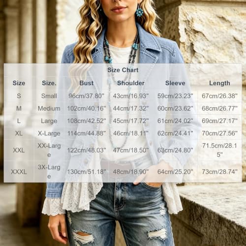 YMADREIG Women's Lace Trim Jean Jacket Western Vintage Button Down Blazer - image 6