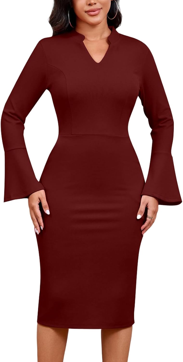 DinyIn Church Dress for Women Elegant Bell Sleeve Bodycon V Neck Business Wear to Work Classy Mid Pencil Dresses with Pocket