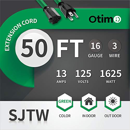Otimo 50 Ft 16/3 Sjtw Green, Outdoor Extension Cord - 3 Prong Ground Plug, 13A 1625W, Water & Weather Resistant, Flame Retardant #TOP4