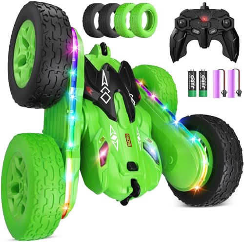Jimdella Remote Control Car,RC Cars with sides light strip and Headlights,Double Sided 360 Flips Rotating RC Stunt Car,2.4Ghz All Terrain Toys for Ages 4-6 Kids Toy for Boys Girls Birthday Gift(Green)