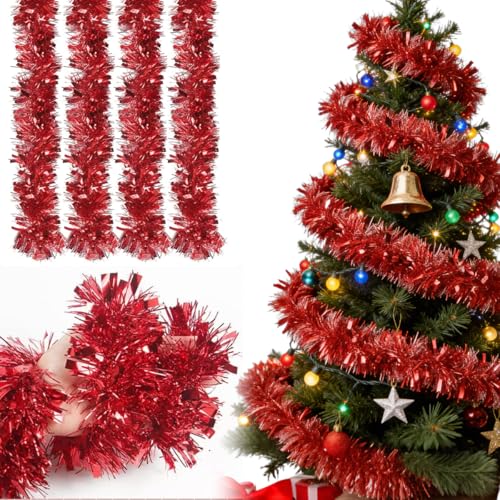 SUNCHE 4 Piezas Espumillón de Navidad, Metálico Oropeles Brillantes Decoración, 2M Espumillón Denavidad, Guirnalda Brillante Metálica Decoraciones, para Árbol de Navidad Boda Fiesta Festival, Rojo