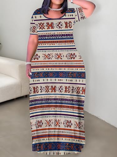 Image of PinkPatty Plus Size Maxi Dress for Curvy Women Crew Neck Long Sleeves Casual Dress Vacation Sundresses with Pockets