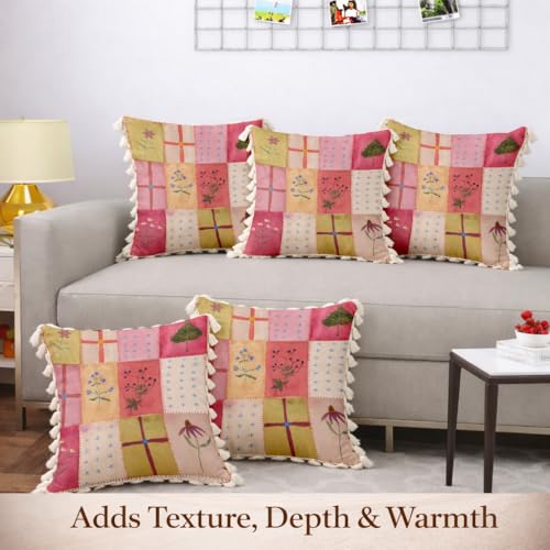Image of STITCHNEST 'Little Meadow Series' Tassled Cushion Cover | Set of 5 | Floral Cushion Cover 16 inch x 16 inch