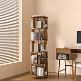 5-Tier Solid Wood Rotating Bookshelf on Wheels, 360Β° Spinning Book Shelf Tower, Round Revolving Bookcase Organizer, Rolling Bookshelves for Small Spaces, Corner, Bedroom, Kids Room, Office, Walnut