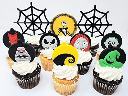 Nightmare Before Christmas 10 Piece Deluxe Cupcake Topper Set Featuring Zero, Barrel, Lock, Shock, Sally, Jack Skellington and Other Decorative Themed Accessories - Cake Topper Figures Range from 2