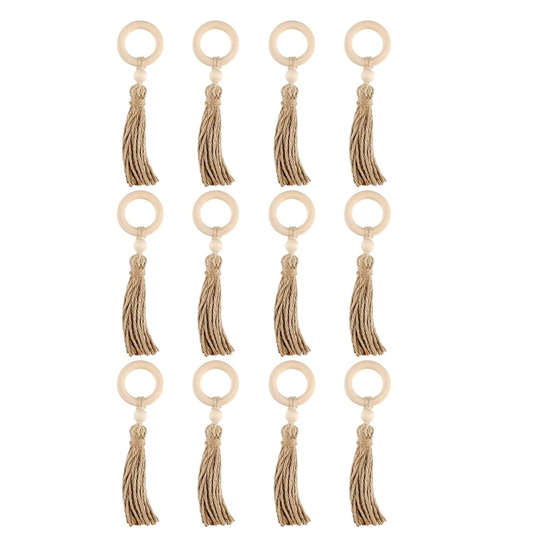 Lidzopas Lot De 12 Ronds De Serviette Bohème En Perles De Bois Avec Pompons - Décoration Table Mariage Et Fêtes