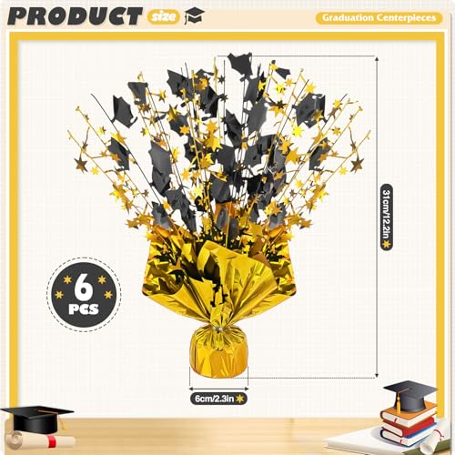 Image of 6 Packs Graduation Decorations Centerpieces for Tables Metallic Foil Star Graduate Cap Burst Tabletop Display in Black and Gold for 2026 Grad Ceremonies Celebrations Party Decor Supplies 12 inch